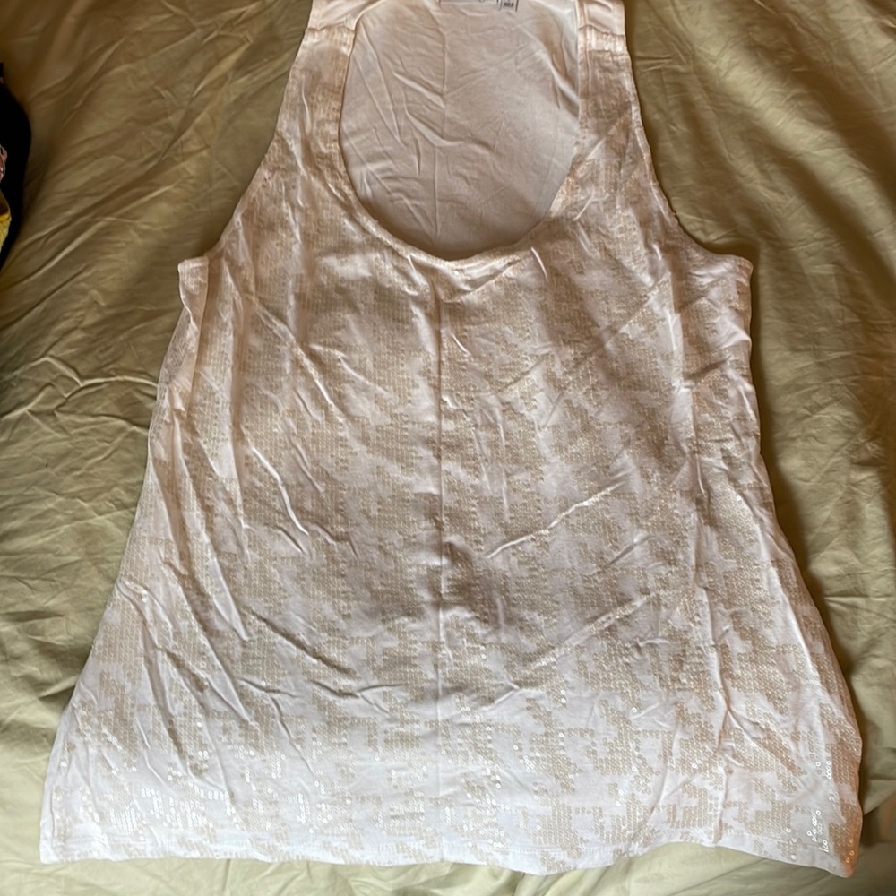 Halogen Cream Sequin Front Scoop Neck Dressy Tank Top, off white Large